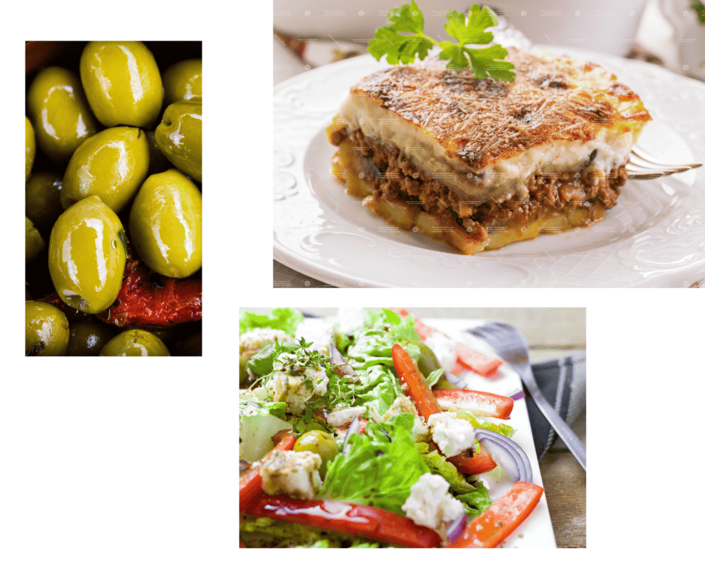 olives, moussaka, greek salad