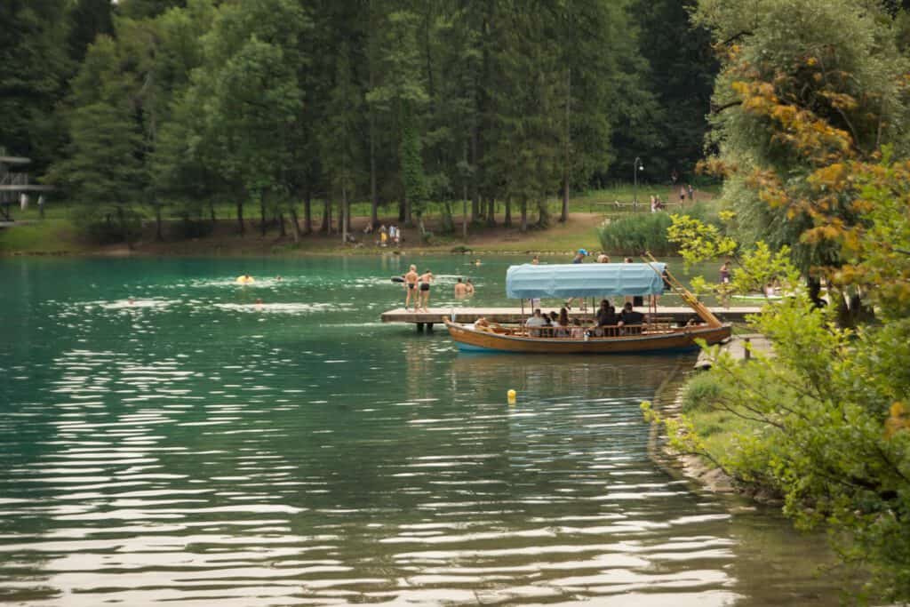 people swimming in lake bled