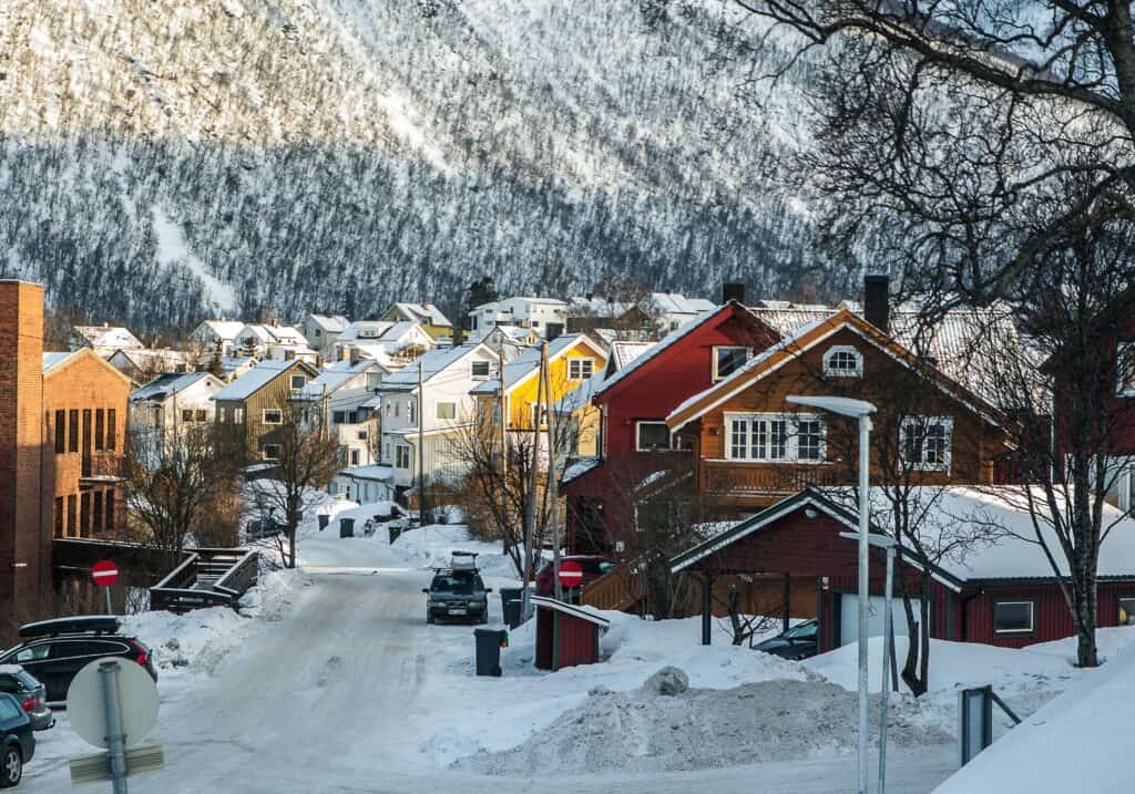 colourful houses in snow