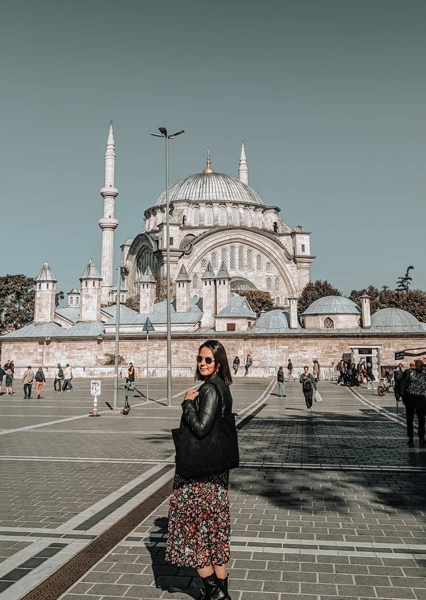 posing outside mosque in Istanbul 