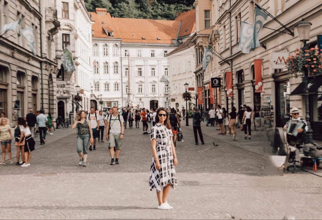slovenia 5-day itinerary for first time travellers. Girl in old town of Ljubljana