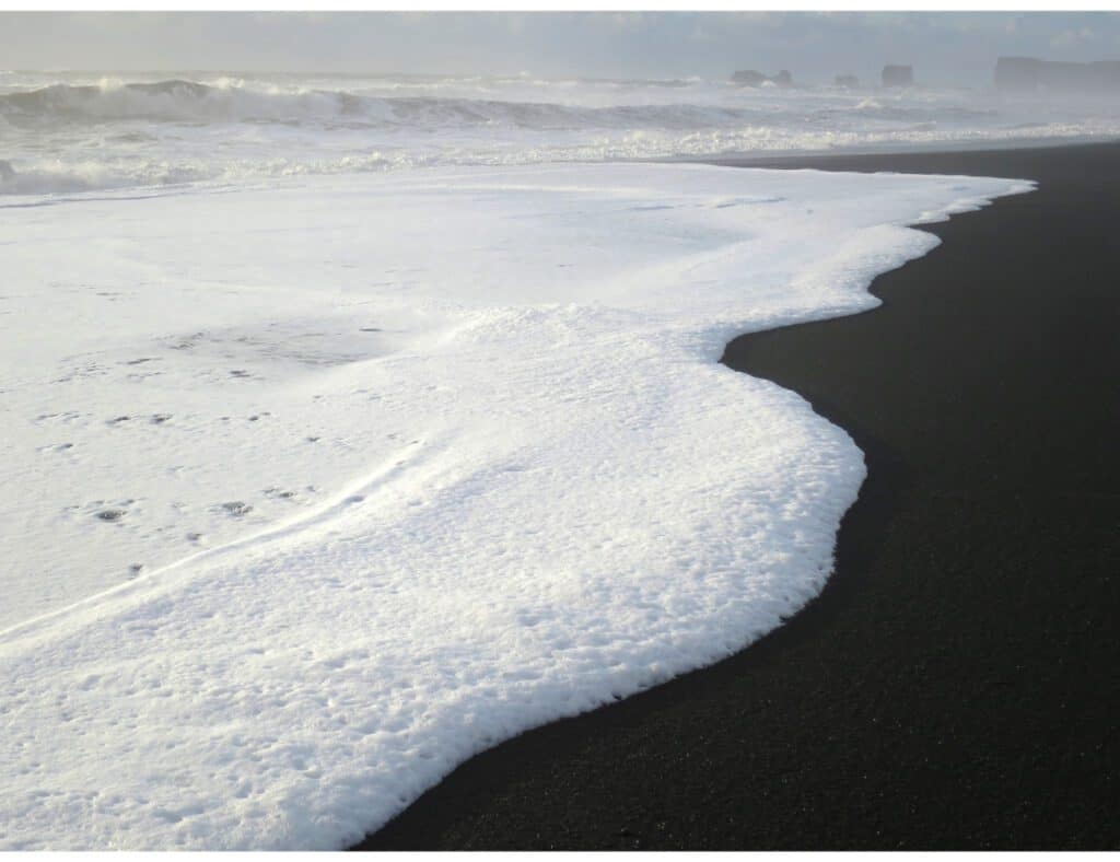 White waves on black sand. Iceland summer road trip 