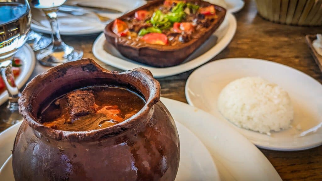 Delicious clay pot stew and rice at Bizim Ev.