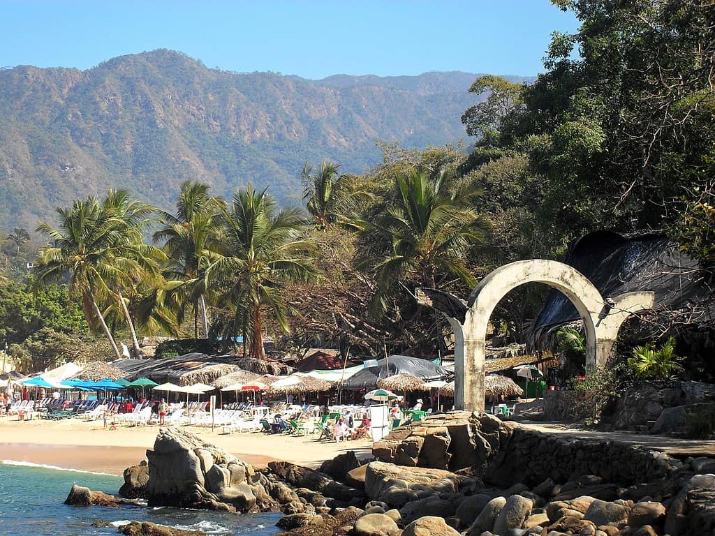 Beach location with palm trees, rocks and mountains in the background