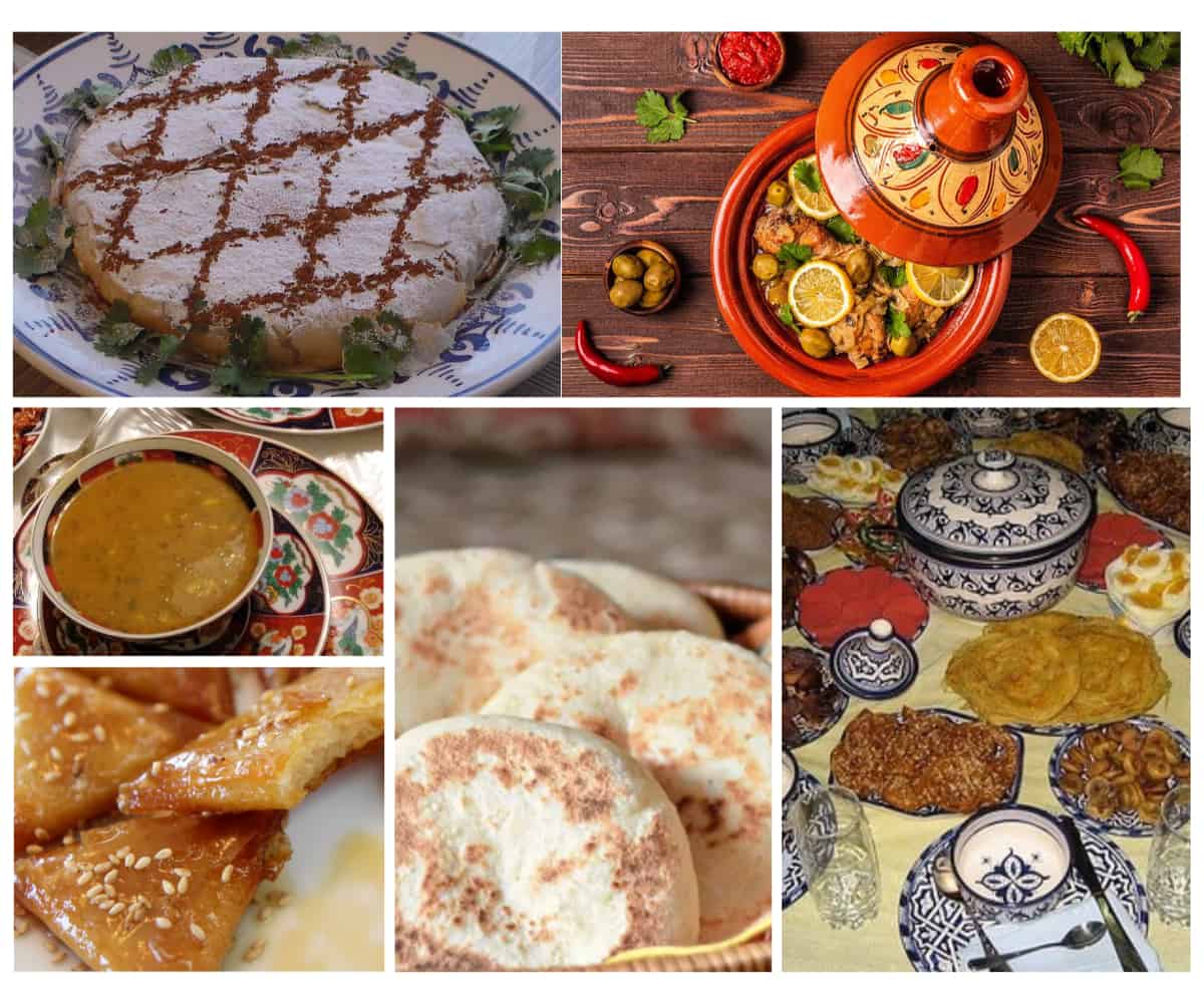 Selection of Moroccan savoury and sweet dishes typically served in Ramadan