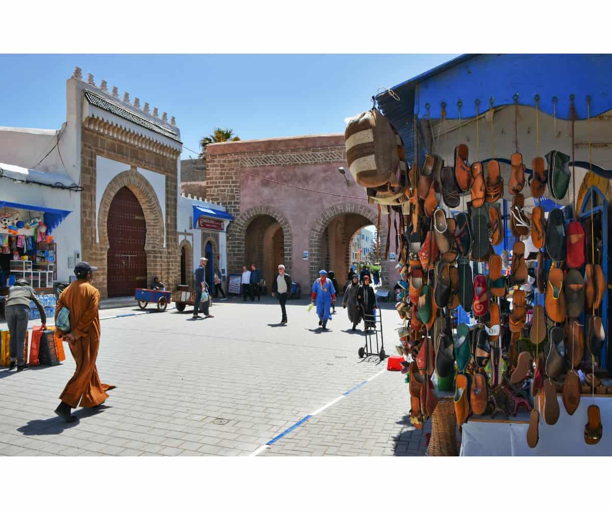 Typical moroccan market with craft shops and street vendors, fewer crowds in Ramadan