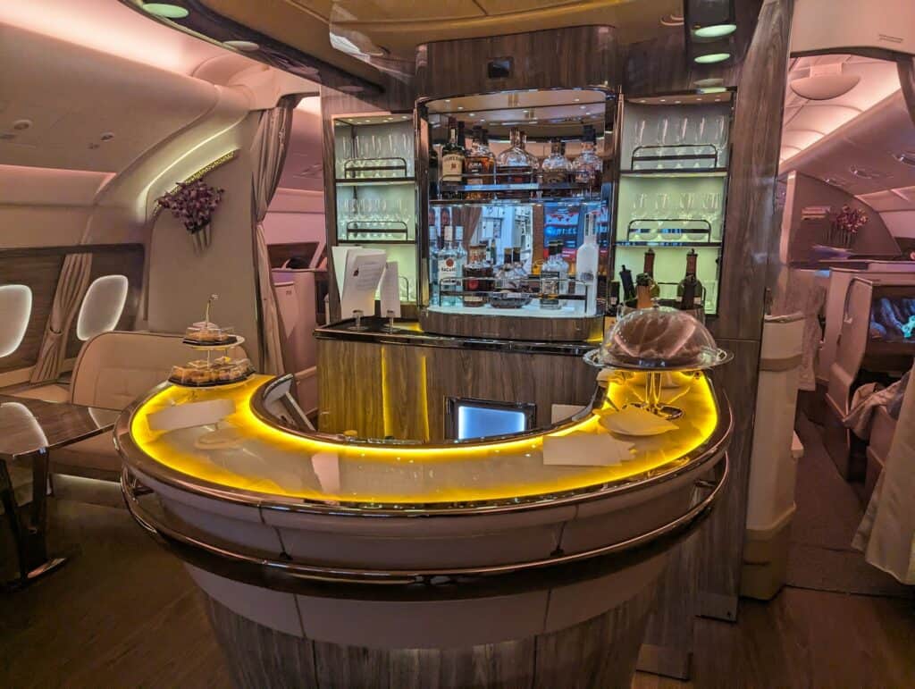 Luxury travel for less: a bar in the middle of a business class of a plane