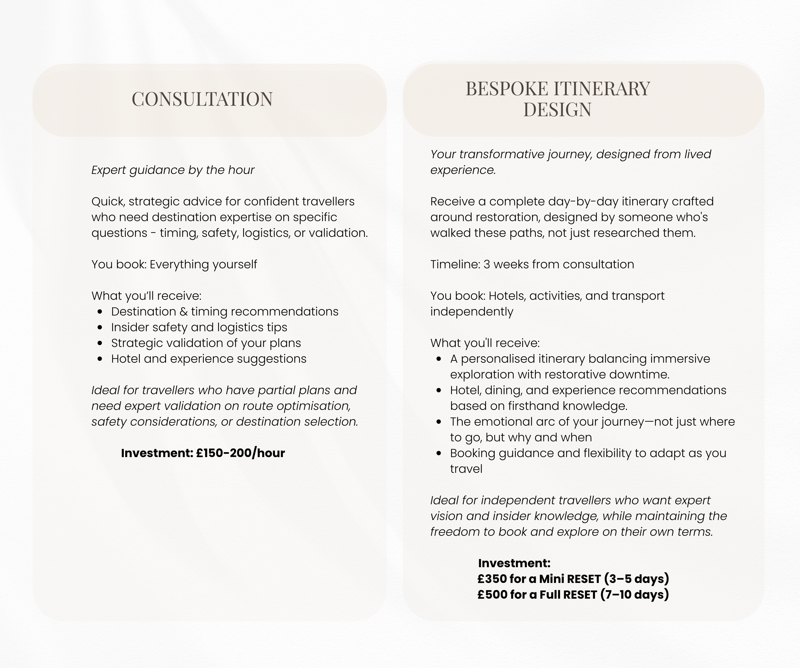 card describing pricing for RESET journeys