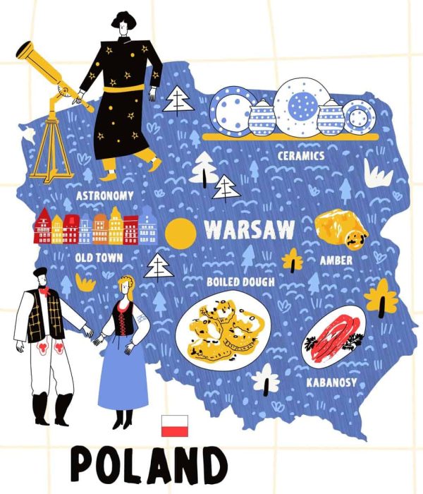 Poland map flat hand drawn vector illustration flag. Names lettering and cartoon landmarks, tourist attractions cliparts. Warsaw Travel, trip comic infographic poster, banner concept design.ai